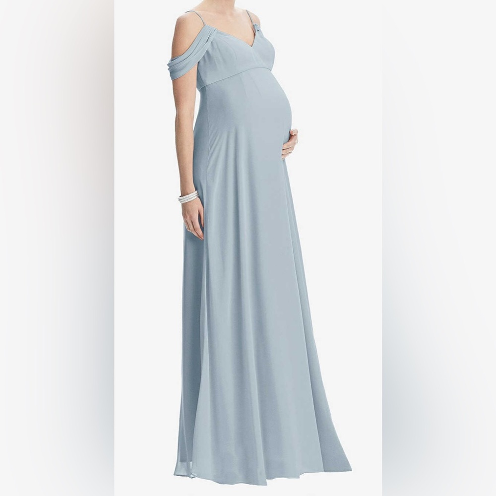 Dessy Collection Draped Cold-Shoulder Chiffon Maternity Dress, Mist, Size 4, new